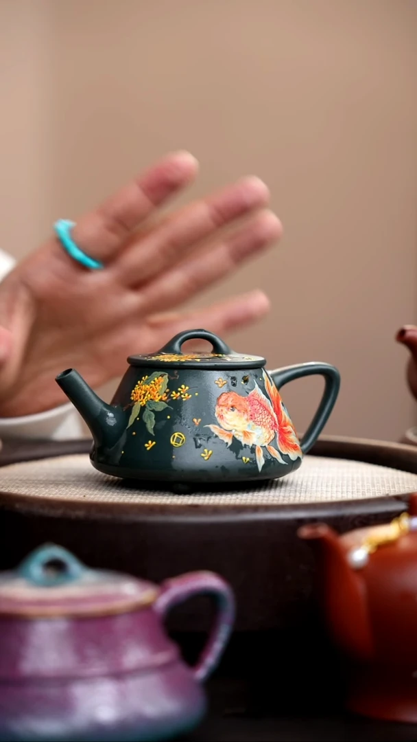 茶壶紫砂九龄君子兰石瓢泥绘桂花鱼