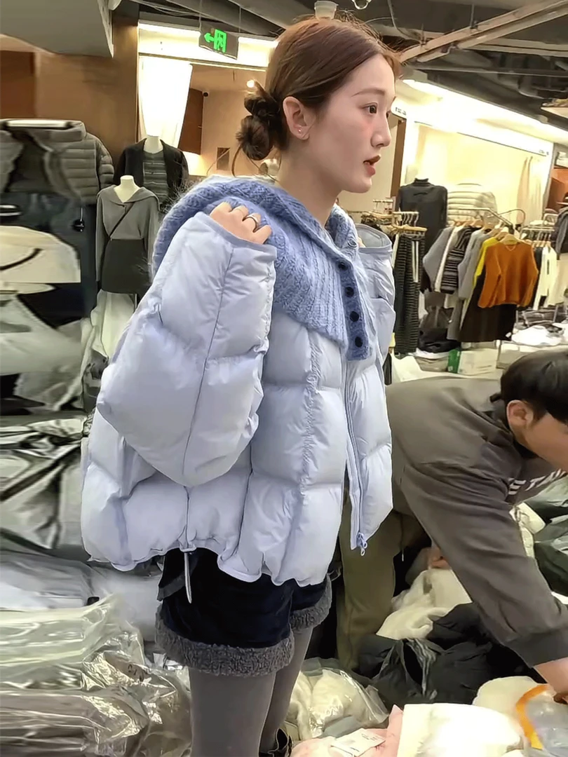 2025巨好看棉服外套女冬季新款韩版宽松小方格披肩针织帽棉衣棉袄