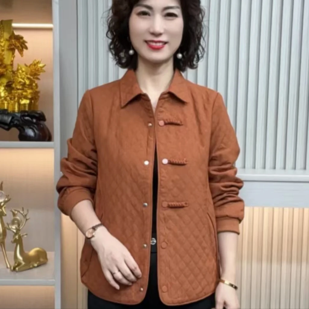 《专柜品质》春季百搭气质洋气盘扣时尚长袖翻领休闲显瘦妈妈装W