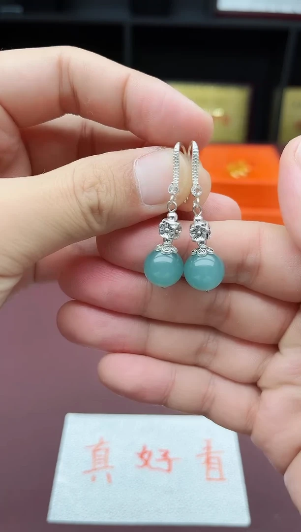 石英质玉（天山翠）银S925镶嵌耳饰435000
