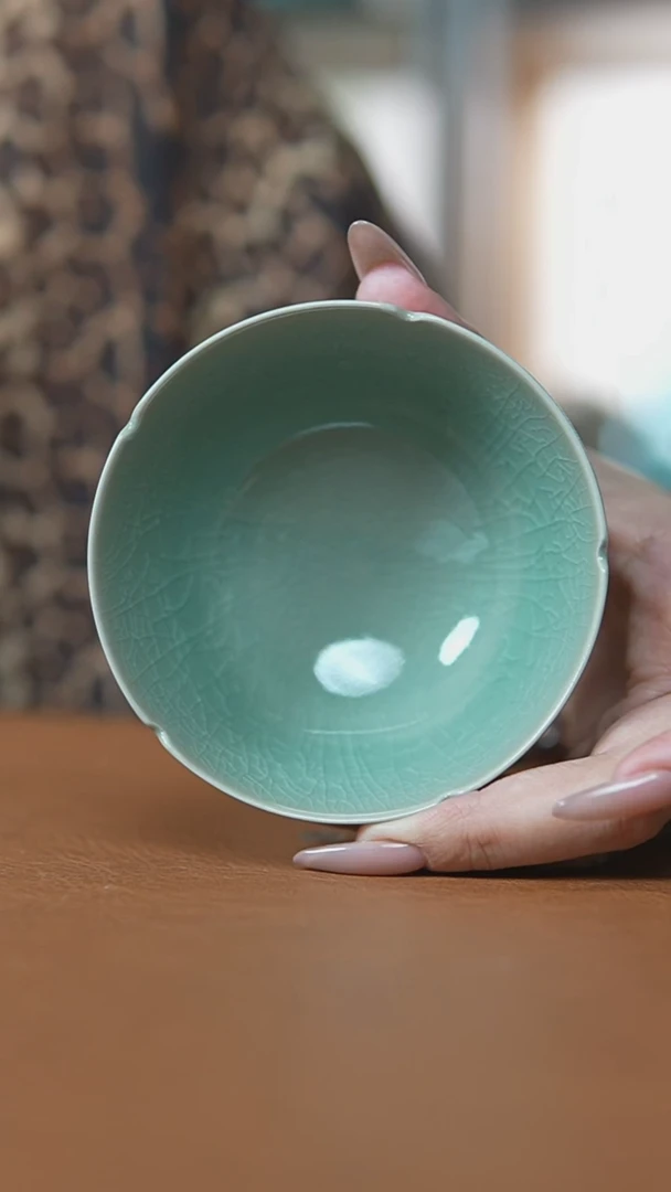 瓷片仿古翡翠绿釉葵口盏杯瑕