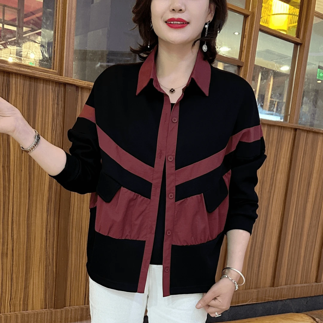 春秋季网红新款时尚百搭撞色拼接设计款高档洋气休闲通勤妈妈装