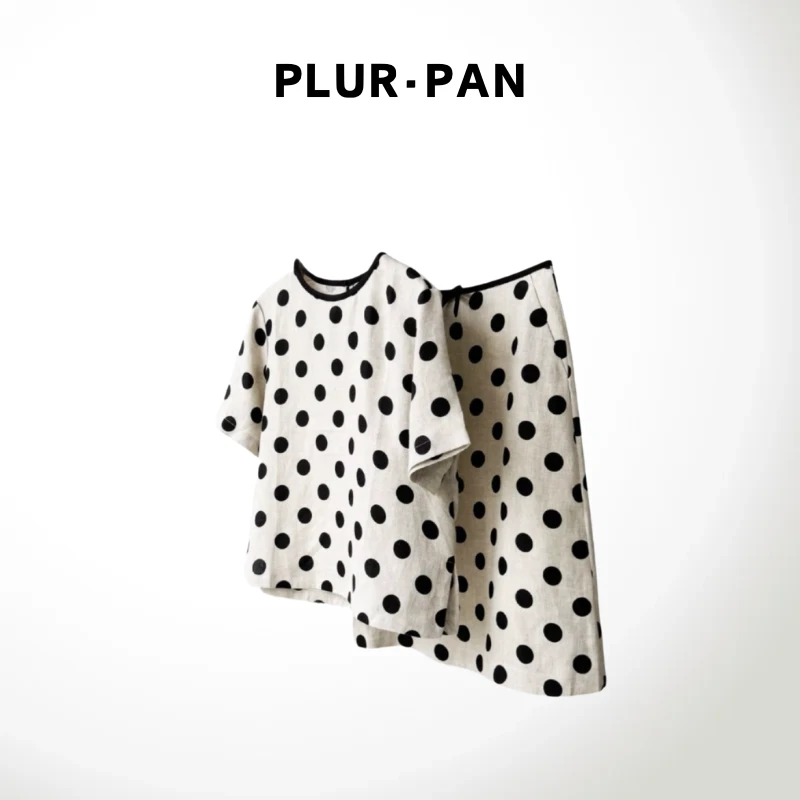 PLUR·PAN比利时雨露麻 斜纹波点圆领小衫配半裙套装