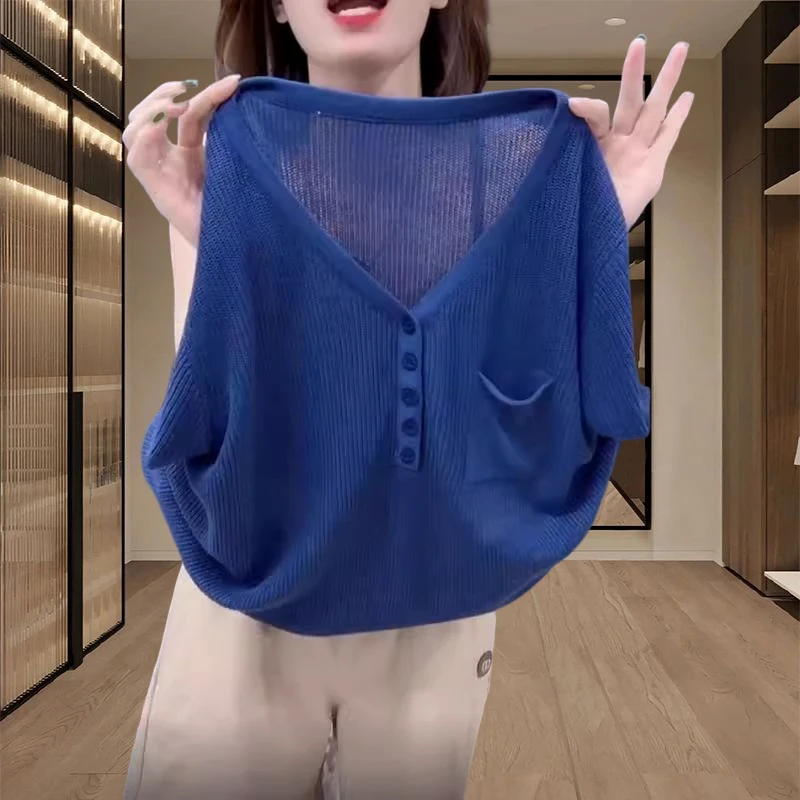 欧货大码宽松冰丝短袖t恤女2025新款夏季减龄轻薄v领针织上衣爆款