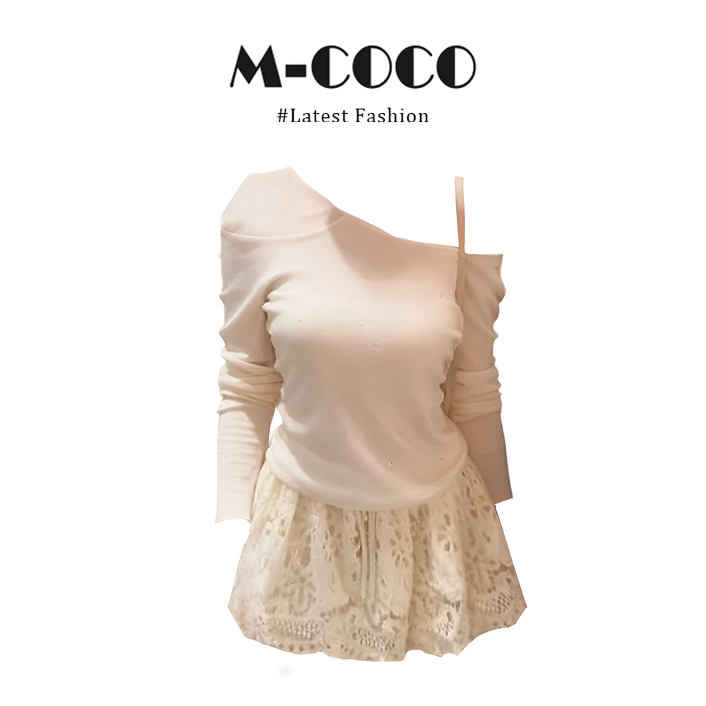 INS CEC纯欲风锁骨斜肩长袖烫钻T恤女秋季镂空刺绣半身裙套装