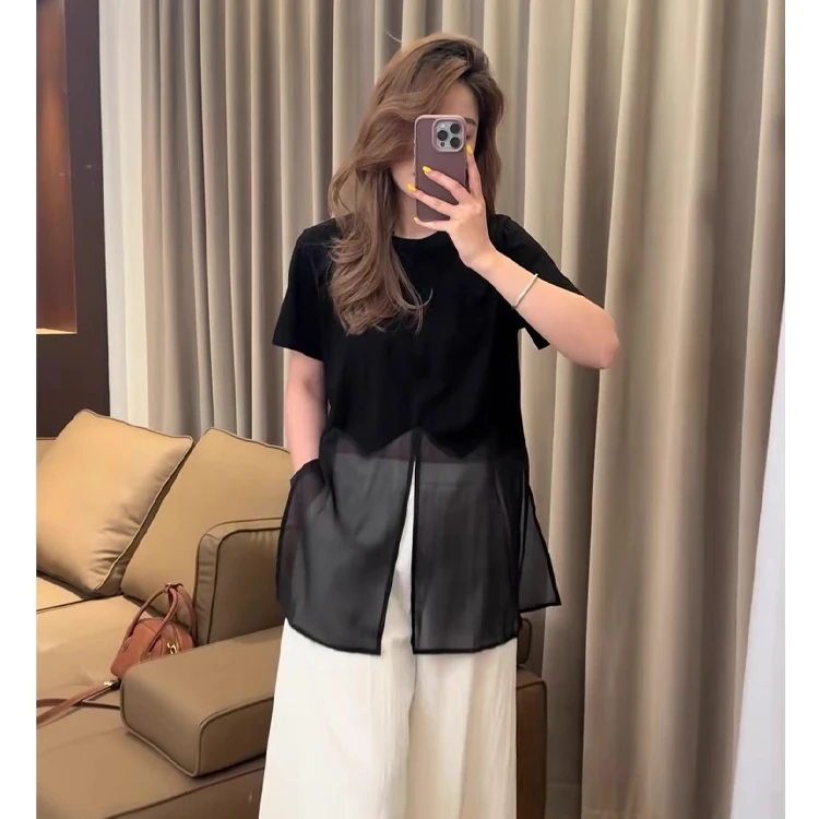 大码假两件圆领拼接短袖t恤女夏季胖MM设计感超好看独特漂亮上衣