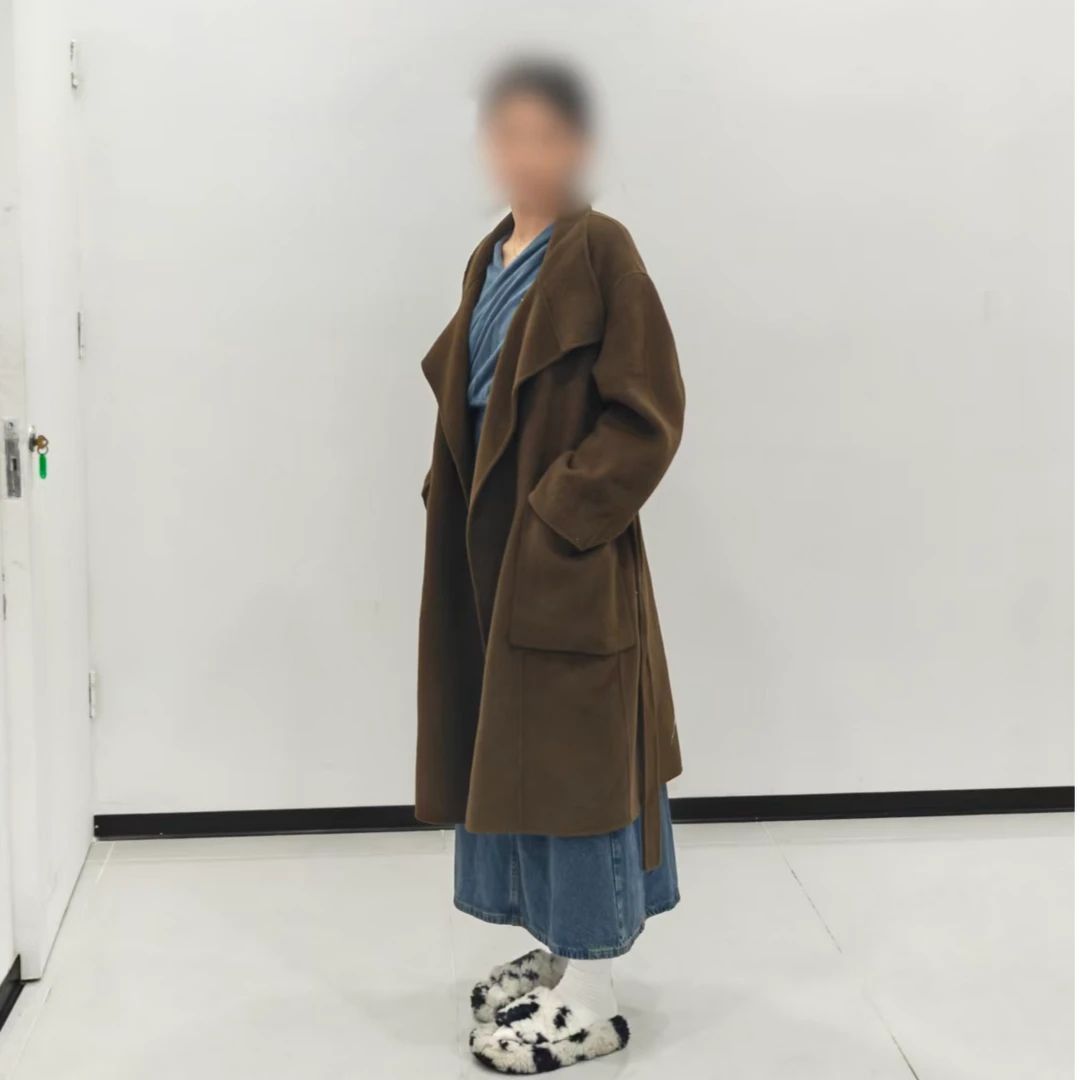 纯色常规翻领休闲风长款毛呢外套百搭韩版中长款