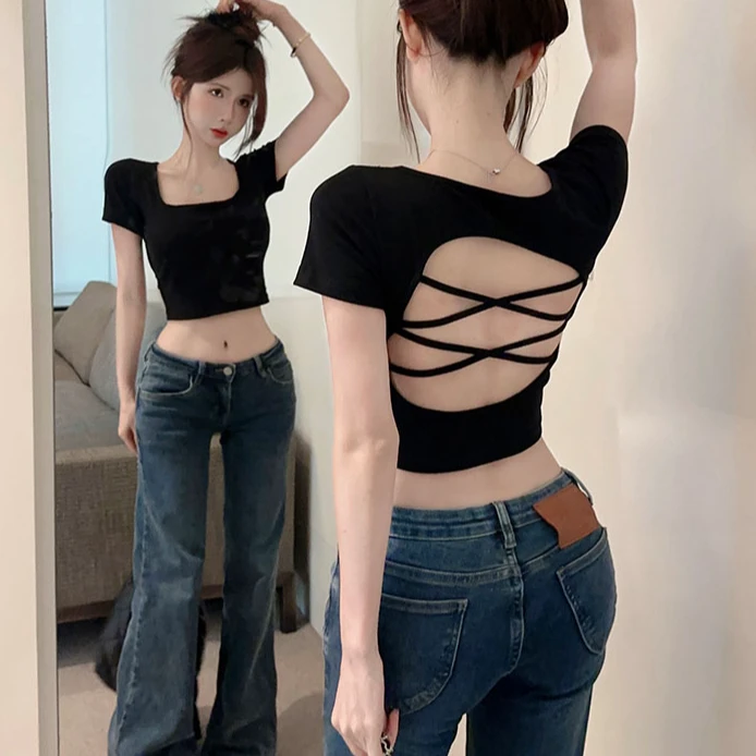 性感辣妹绷带镂空露背短袖方领t恤女短款露脐显瘦小衫设计感上衣