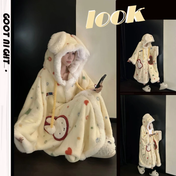 【米菲兔】秋冬季加绒加厚北极绒卡通保暖可爱轻奢小众斗篷家居服