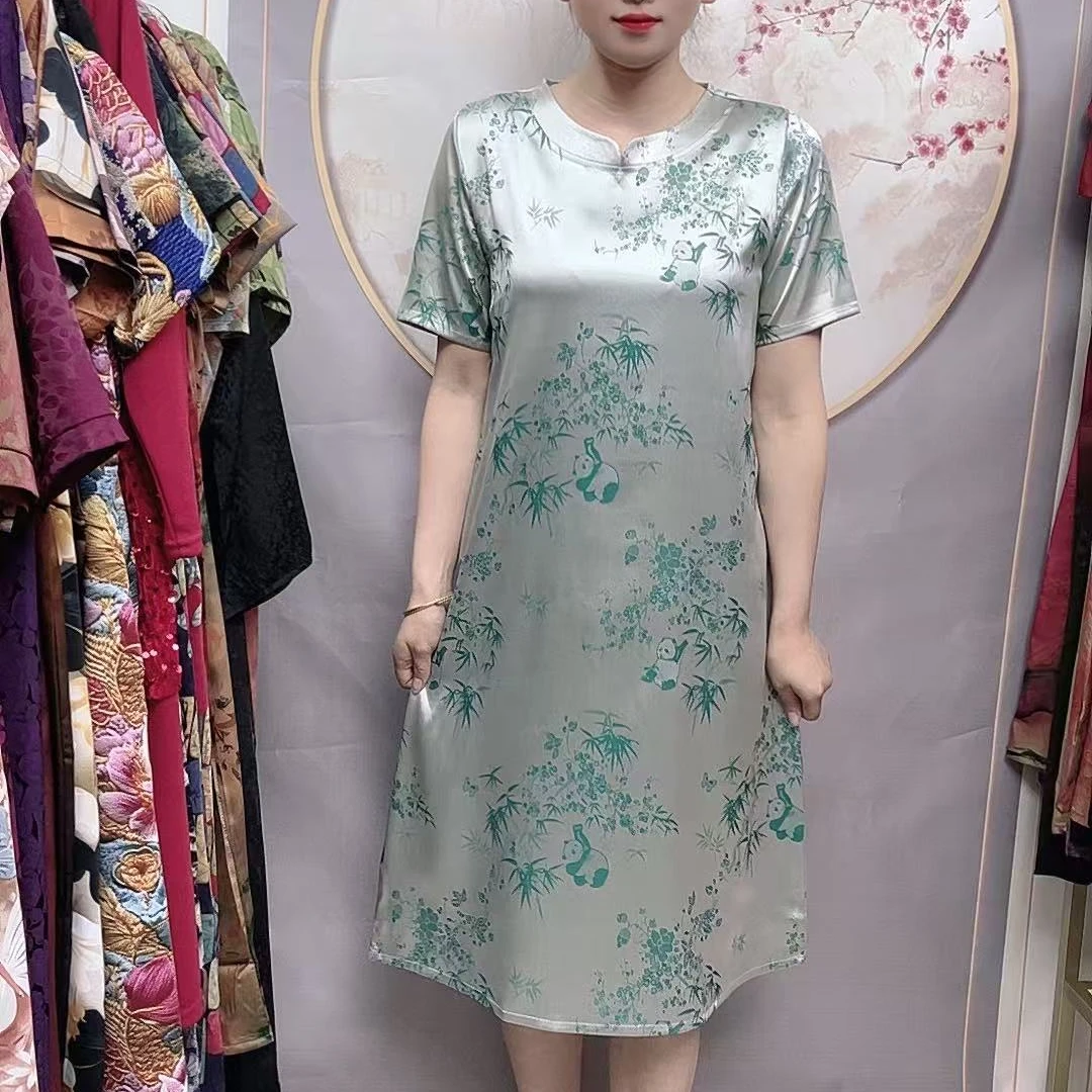 【竹叶熊猫】2025夏季妈妈装气质短袖连衣裙洋气中老年女装宽松长裙