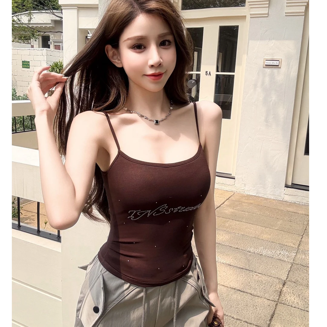 美式复古设计感烫钻内搭外穿吊带背心女纯欲辣妹性感短款修身上衣