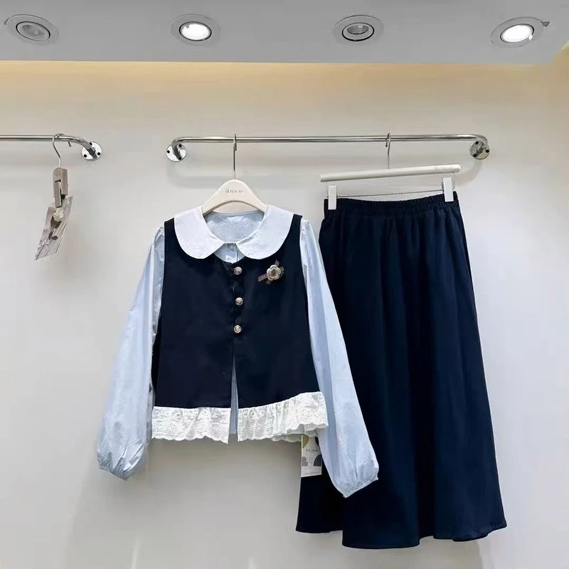 大码温柔甜美马甲百搭花边衬衫高腰半身裙三件套女1831#