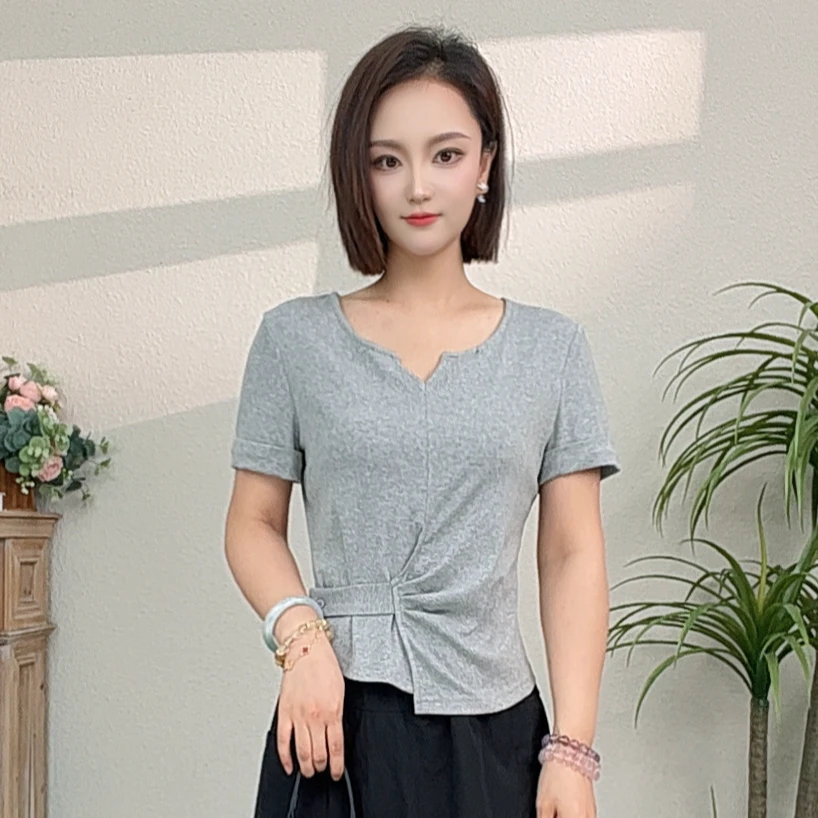 蔡小姐不规则开叉设计短袖T恤2025夏季新款百搭休闲显瘦上衣