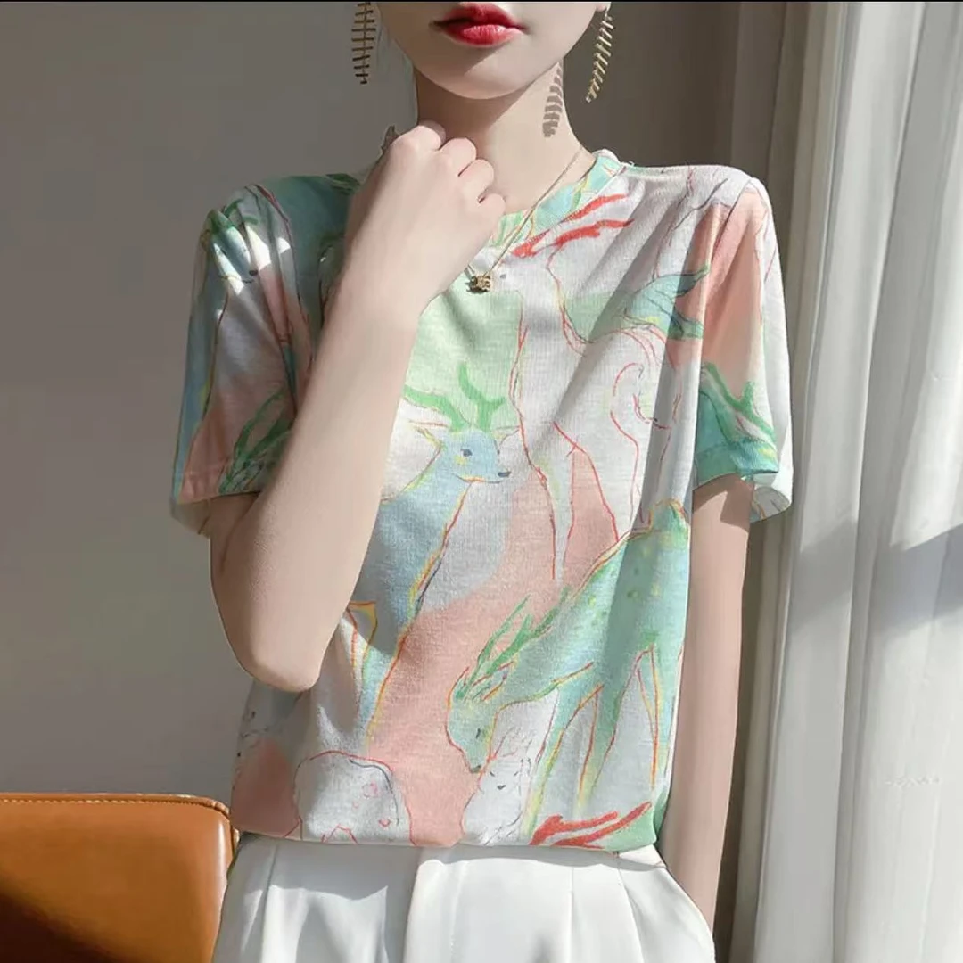 新款国风水墨印花短袖女宽松薄款洋气减龄T恤百搭短袖
