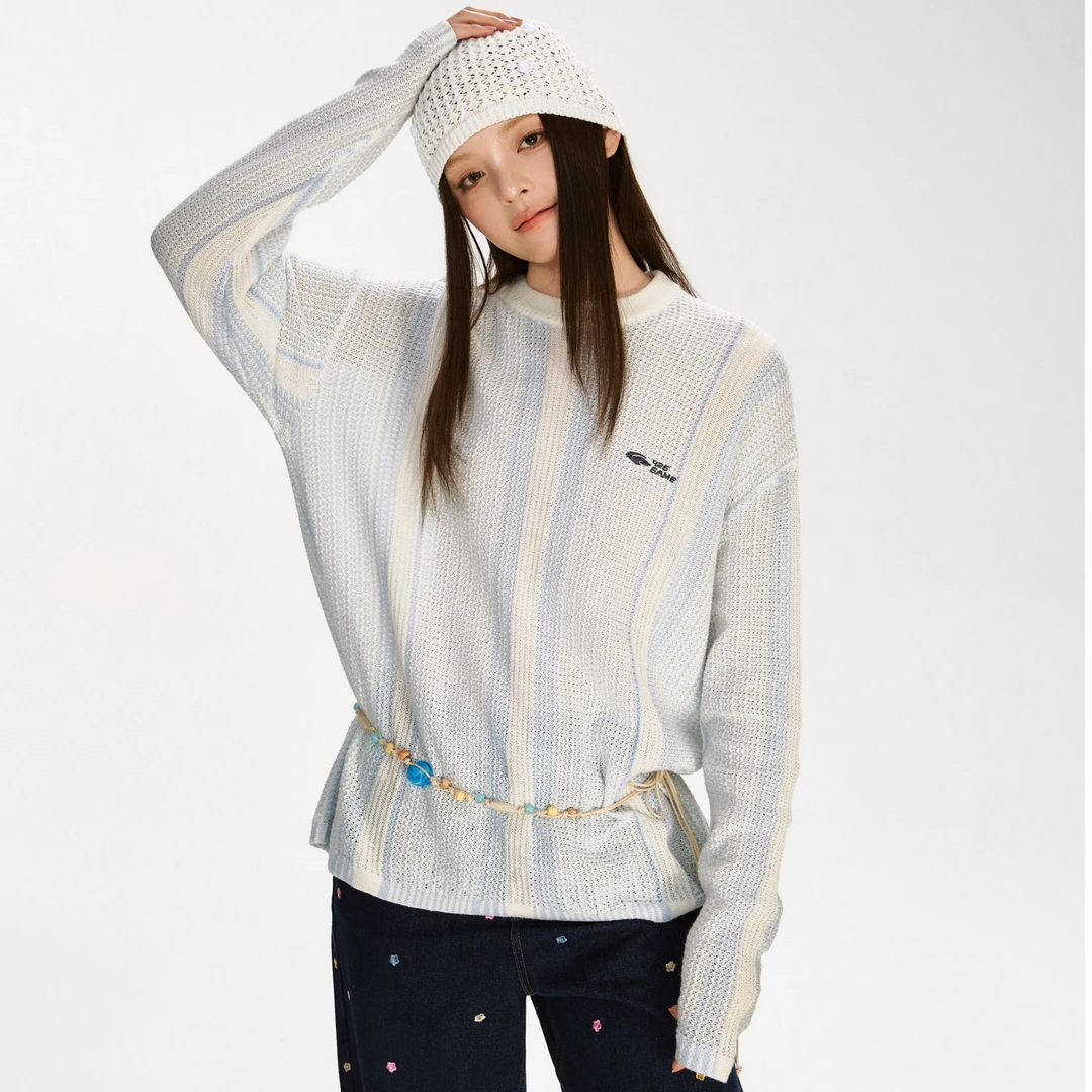 F426撞色条纹圆领镂空毛衣 6490