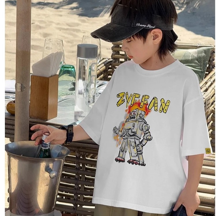 顶瓜瓜男童夏季卡通机器人纯棉短袖t恤中大童夏季时尚百搭上衣衫
