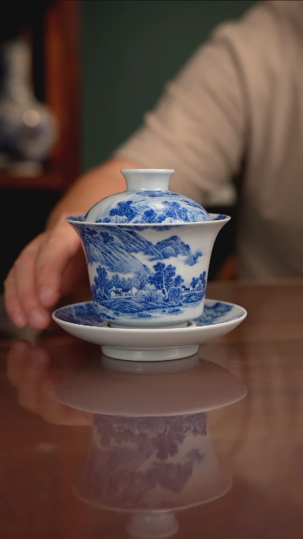 晓月窑青花三才盖碗