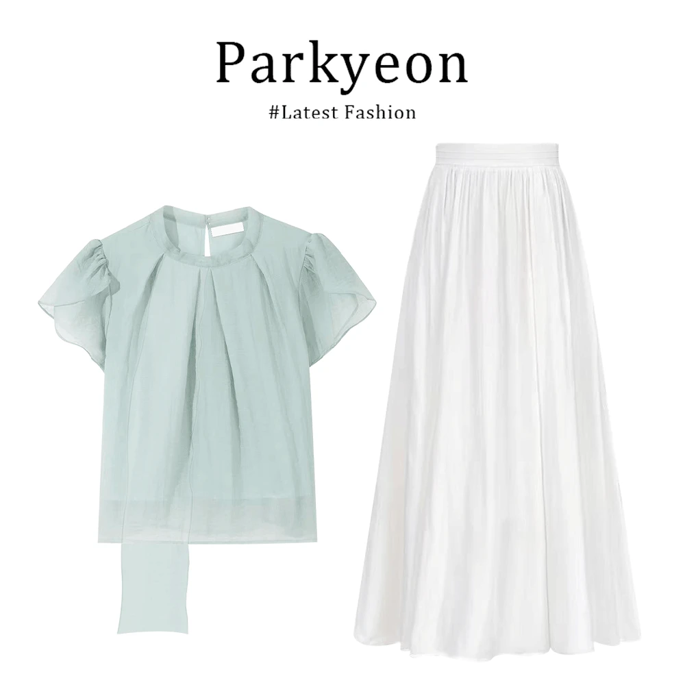 parkyeon高级感薄荷绿飘带挂脖衬衫搭配仙女夏季新款半身裙两件套