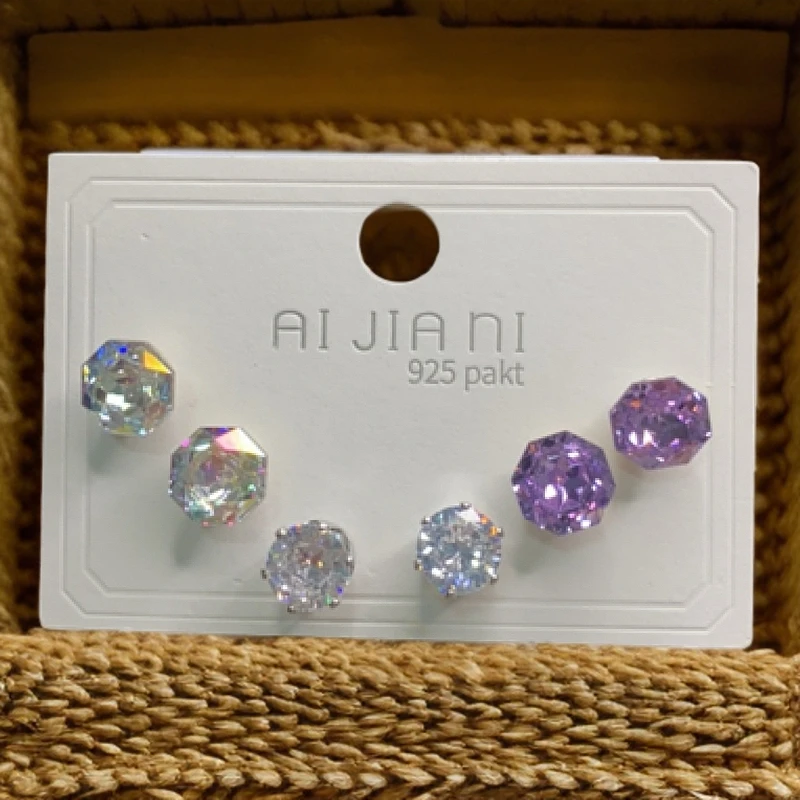 925银仿水晶耳饰 轻奢简约三件套防水钻耳钉925银