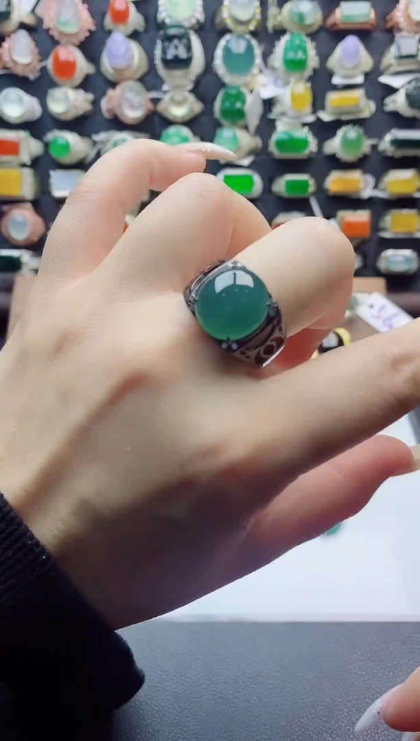 银S925镶嵌戒指翡翠天然翡翠A货男戒