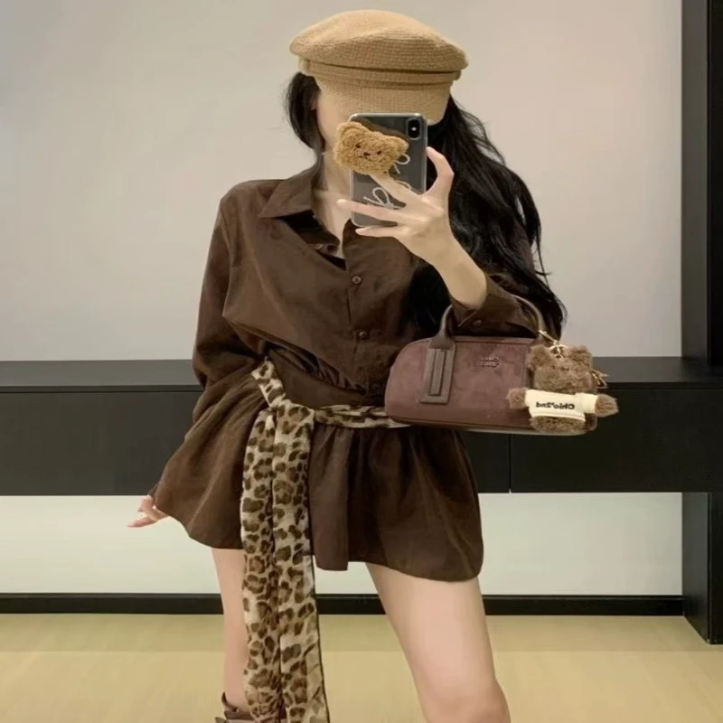 秋季法式气质polo领中长款长袖衬衫裙女气质豹纹飘带收腰显瘦短裙
