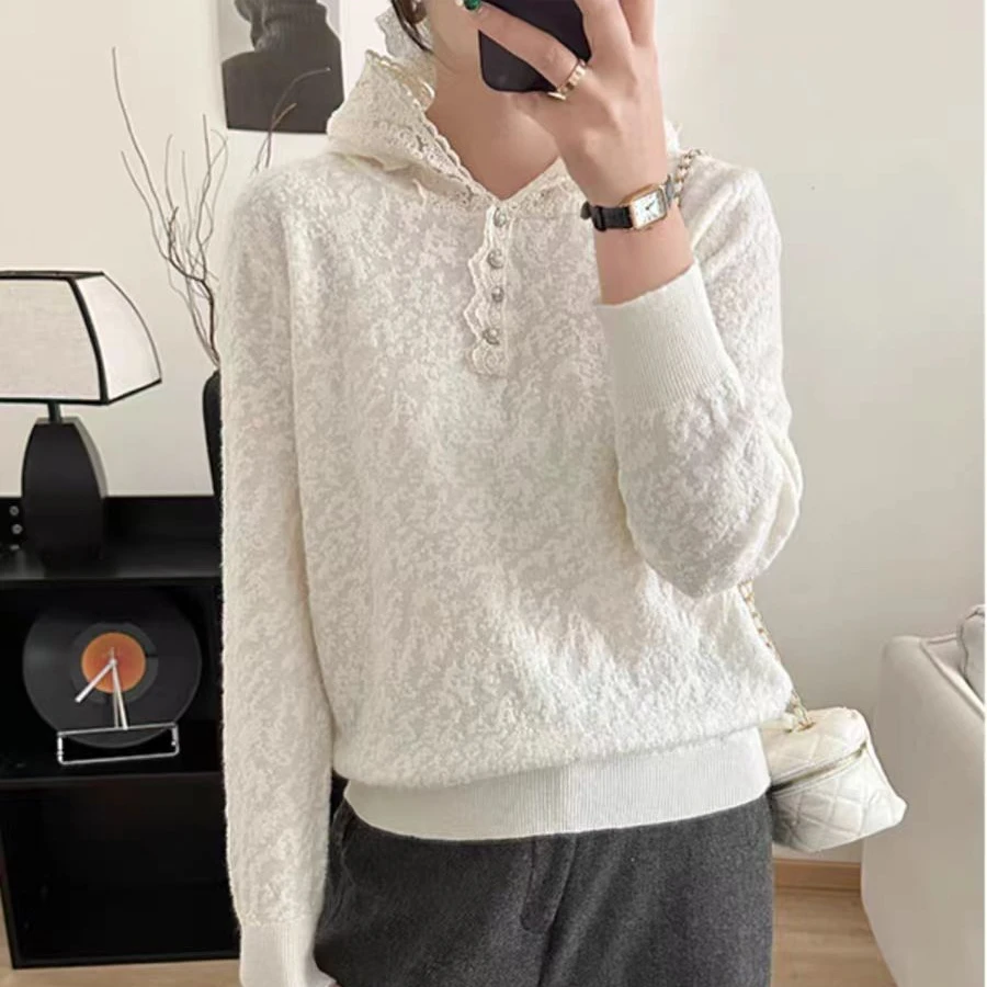 新款钩花帽衫~2025春秋冬百搭纯色连帽衫毛衣套头女宽松显瘦上衣