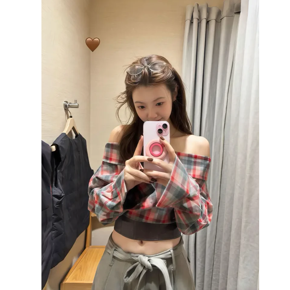 【首尔街头】秋冬新款美式复古辣妹一字肩格纹上衣配休闲阔腿裤套装