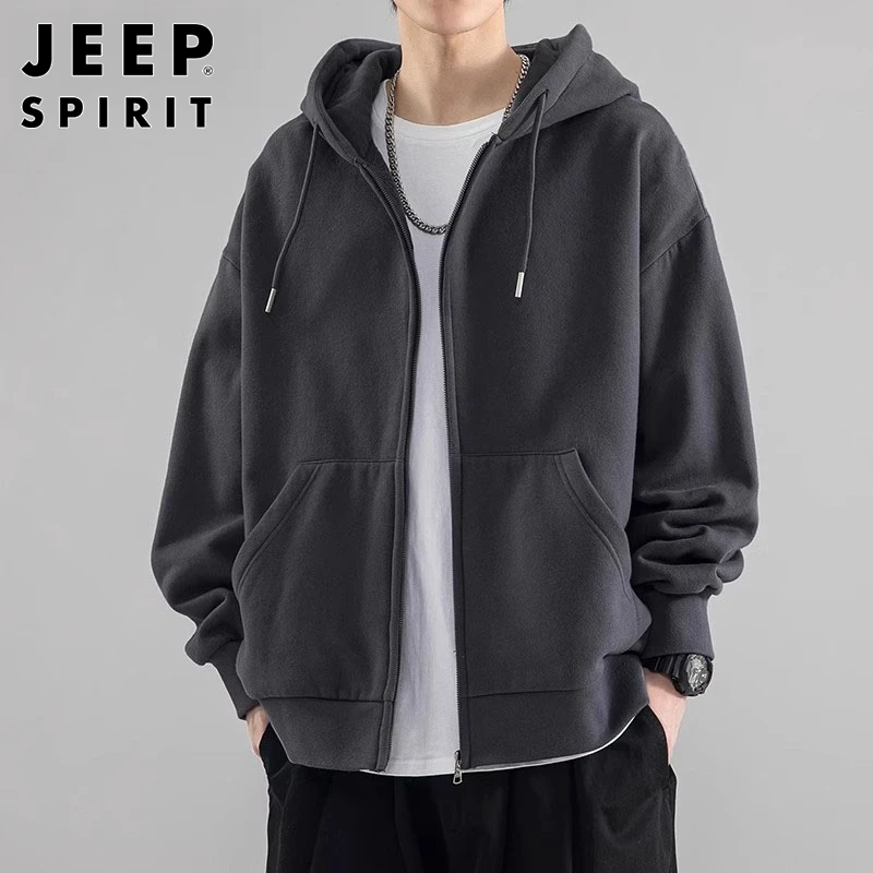 JEEPSPIRIT男士卫衣2025秋冬加绒加厚韩版休闲运动宽松连帽开衫外