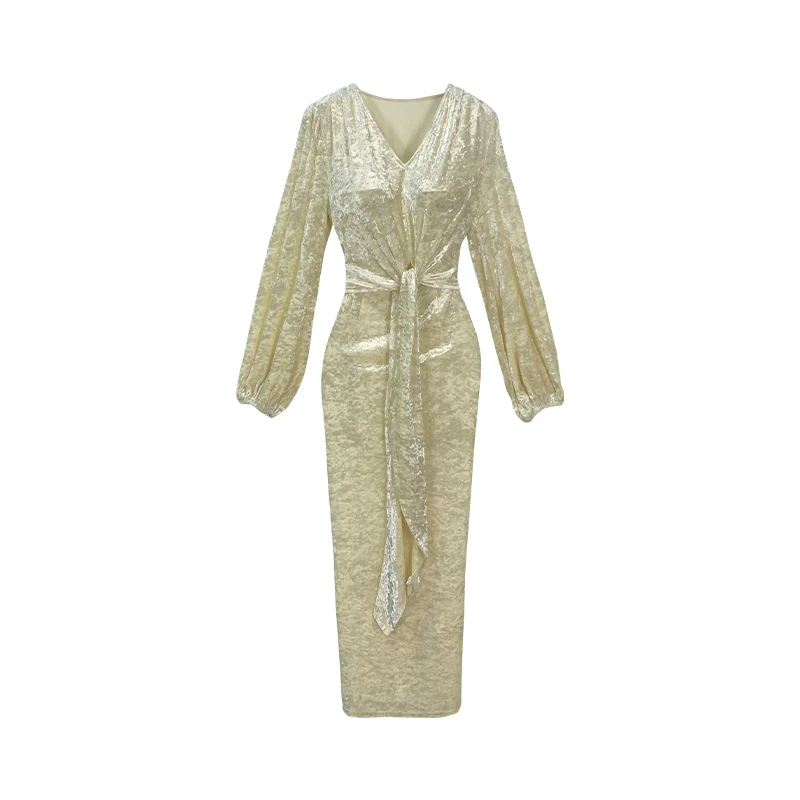 【金穗】法式香槟细闪V领轻奢年会礼服连衣裙-SW0595