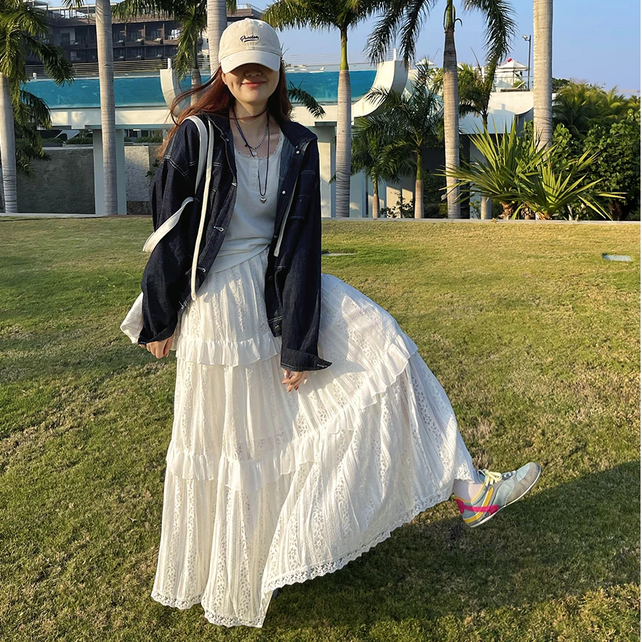 蕾丝半身裙女2025早春新款拼接设计感白色长裙显瘦半身裙子温柔风