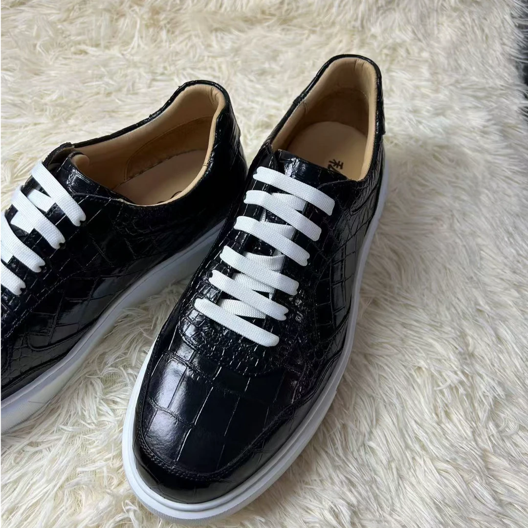 厂）黑色鳄鱼皮手工潮鞋真皮运动鞋百搭XL底板鞋男鞋