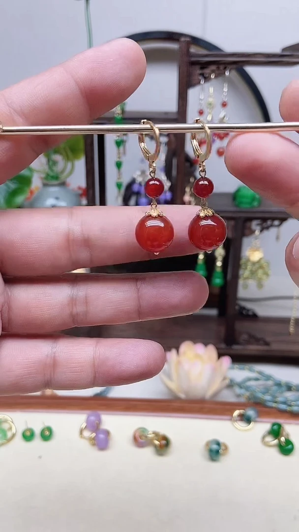 南红玛瑙14K金镶嵌耳饰44号