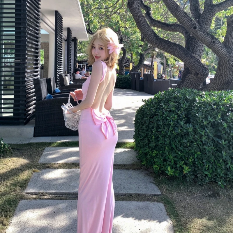 纯欲辣妹美背荡领缎面蝴蝶结连衣裙女性感辣妹露背修身长裙