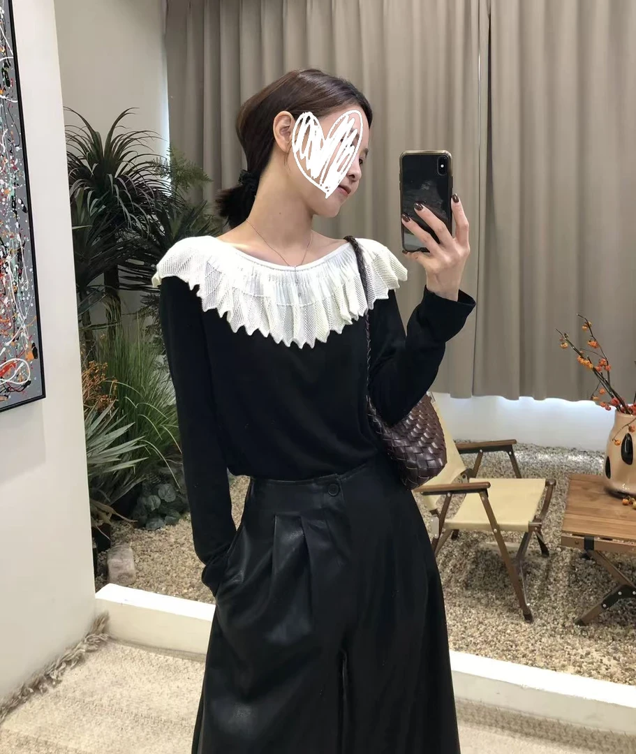 南油爆款～气质设计师款2025小众露肩一字领T恤撞色针织衫女