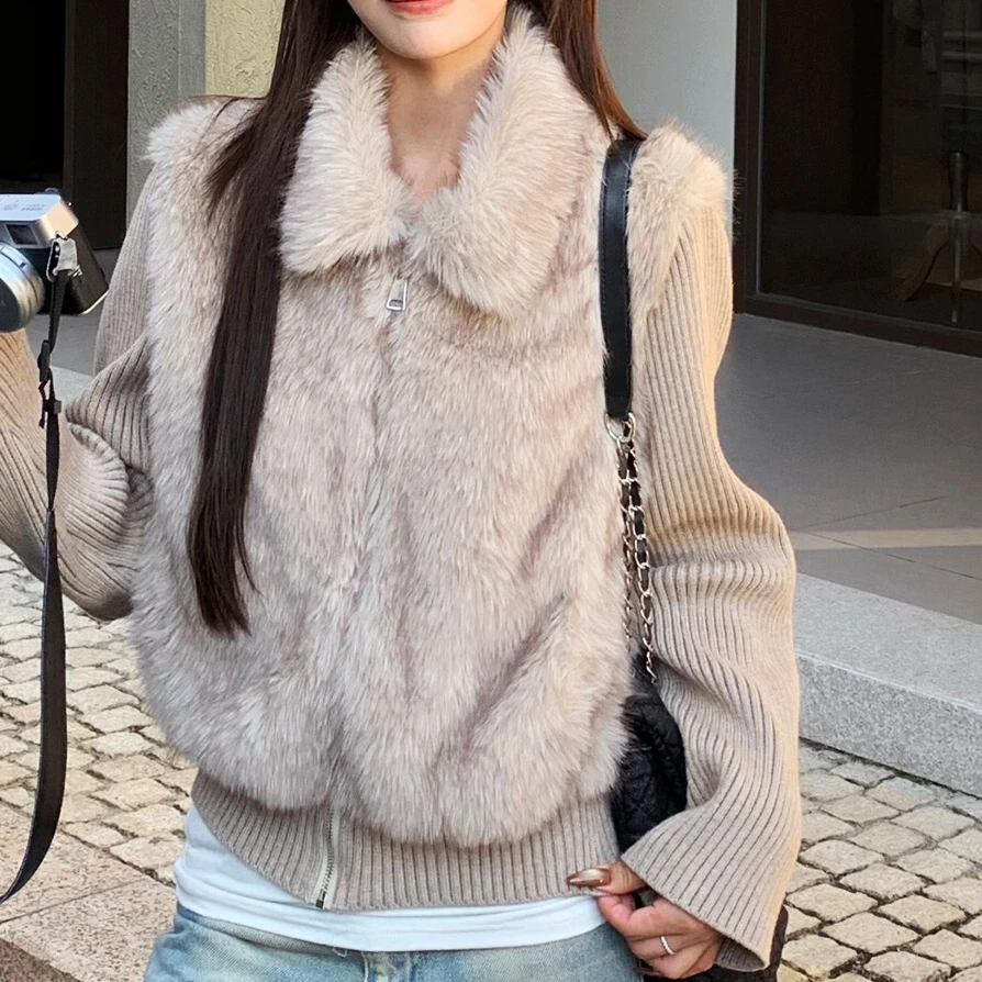 2025秋季新款法式气质针织拼接毛毛外套女装毛绒保暖翻领短款上衣