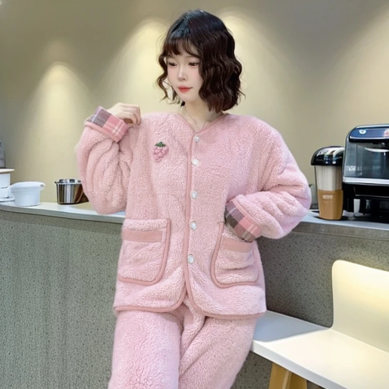 【瑜妹妹】现货葡萄拼格子-秋冬季新款保暖女士加绒睡衣家居服套装