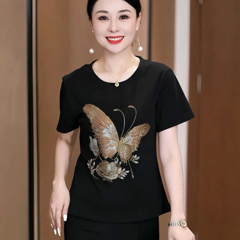 2025夏设计重工感烫钻洋气百搭修身显瘦短袖圆领T恤时尚妈妈上衣