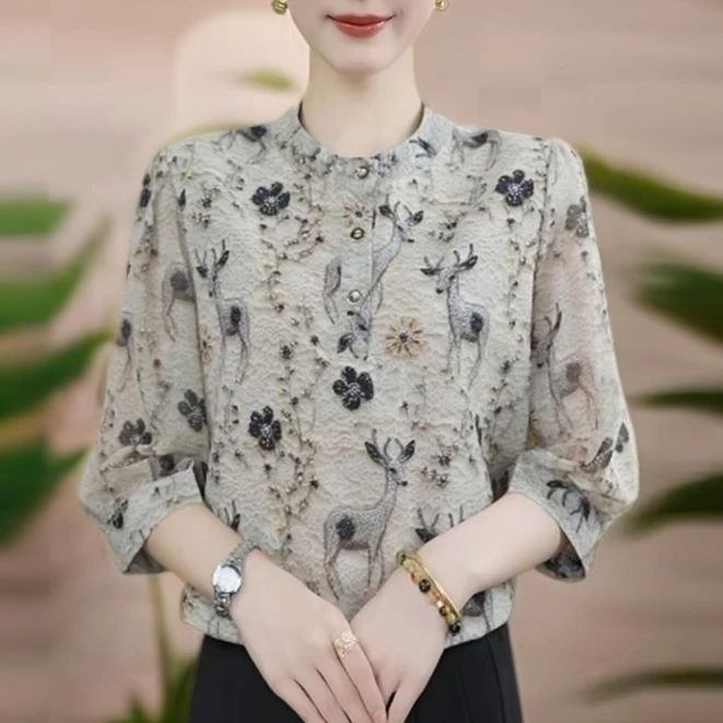 夏季七分袖薄款碎花冰丝衬衫大码胖mm遮肚显瘦宽松洋气防晒小衫