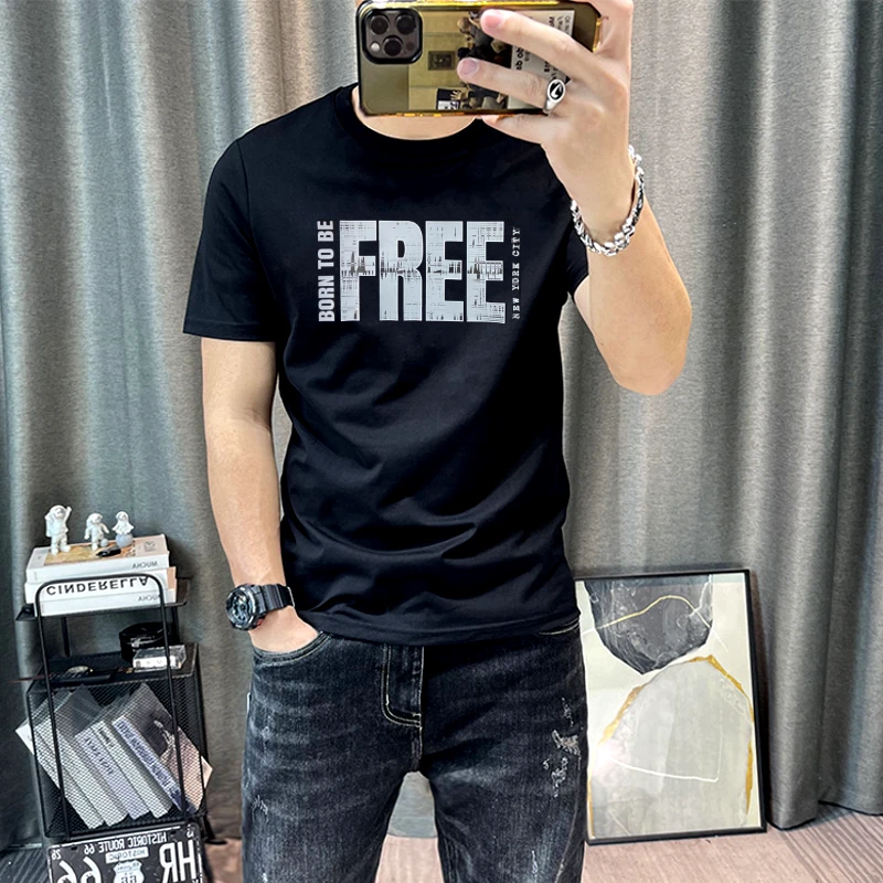 2025春夏个性灰色字母印花短袖T恤男韩版修身时尚丝光棉t恤衫男潮