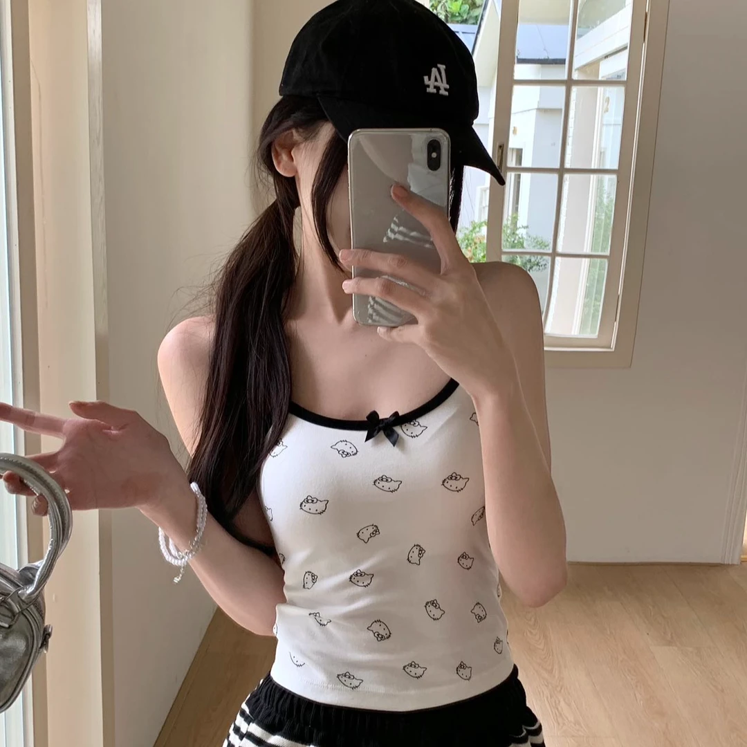 2025新款日系甜辣妹Kitty猫印花吊带撞色修身显瘦纯欲带胸垫上衣