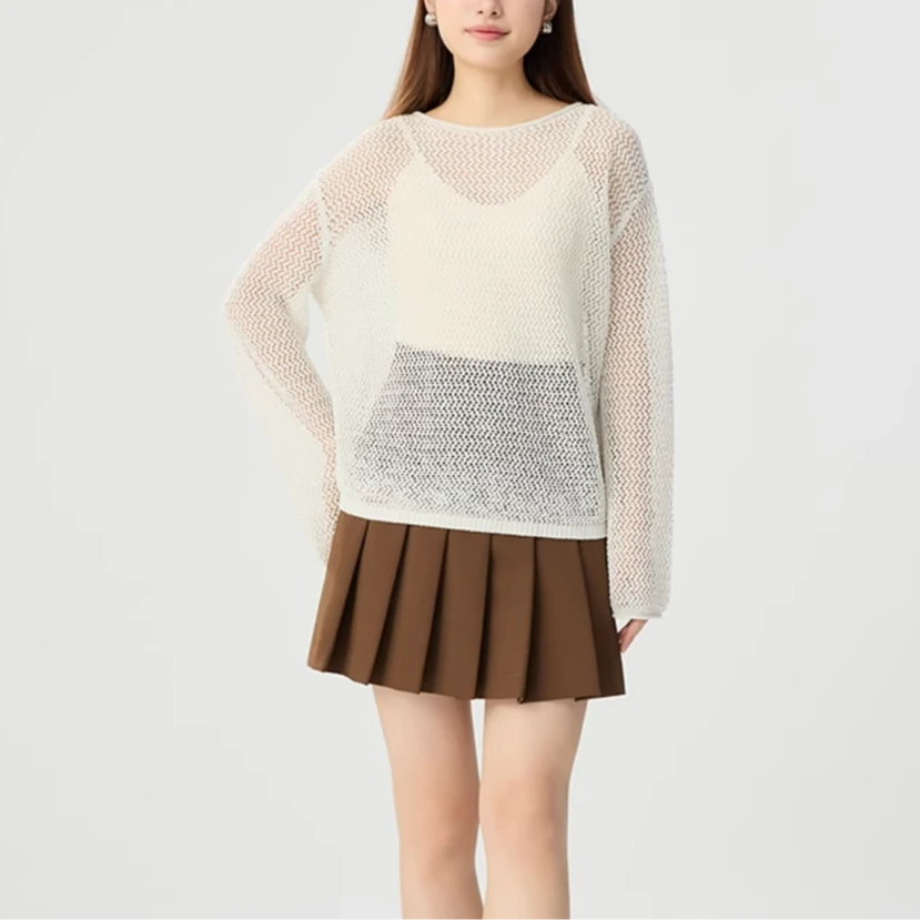 GIRDEAR/哥弟百搭圆领精致葱丝镂空渔网套头针织衫138036