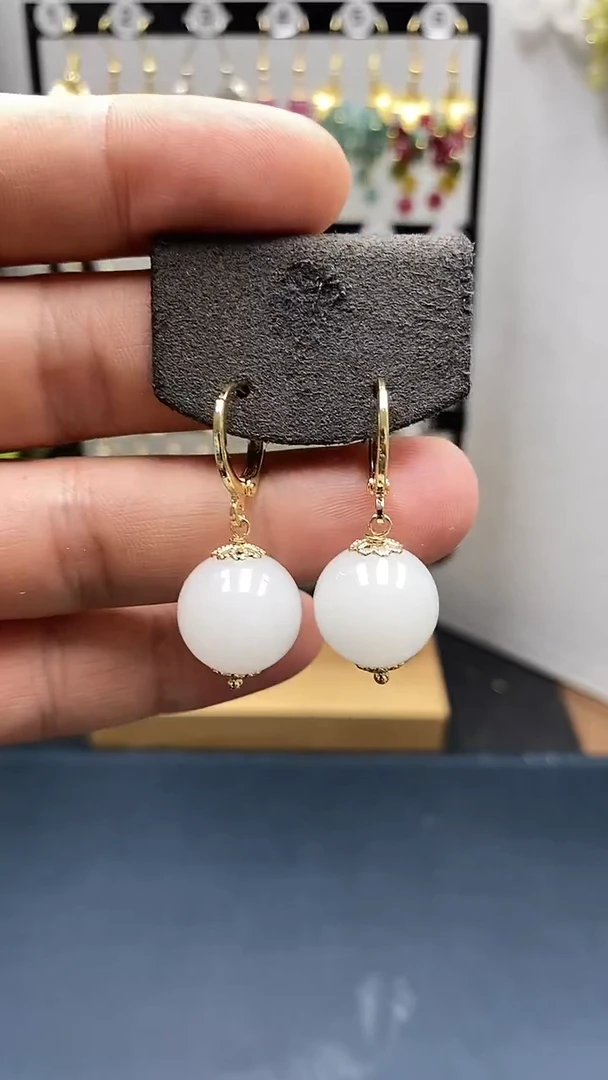 和田玉银S925镀金镶嵌耳饰尺寸14mm耳扣55