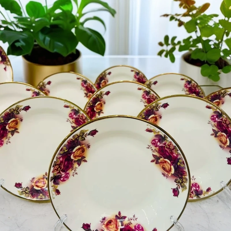 新疆包邮【紫色玫瑰10个拉面盘】金边色玫瑰花纹陶瓷盘子家用