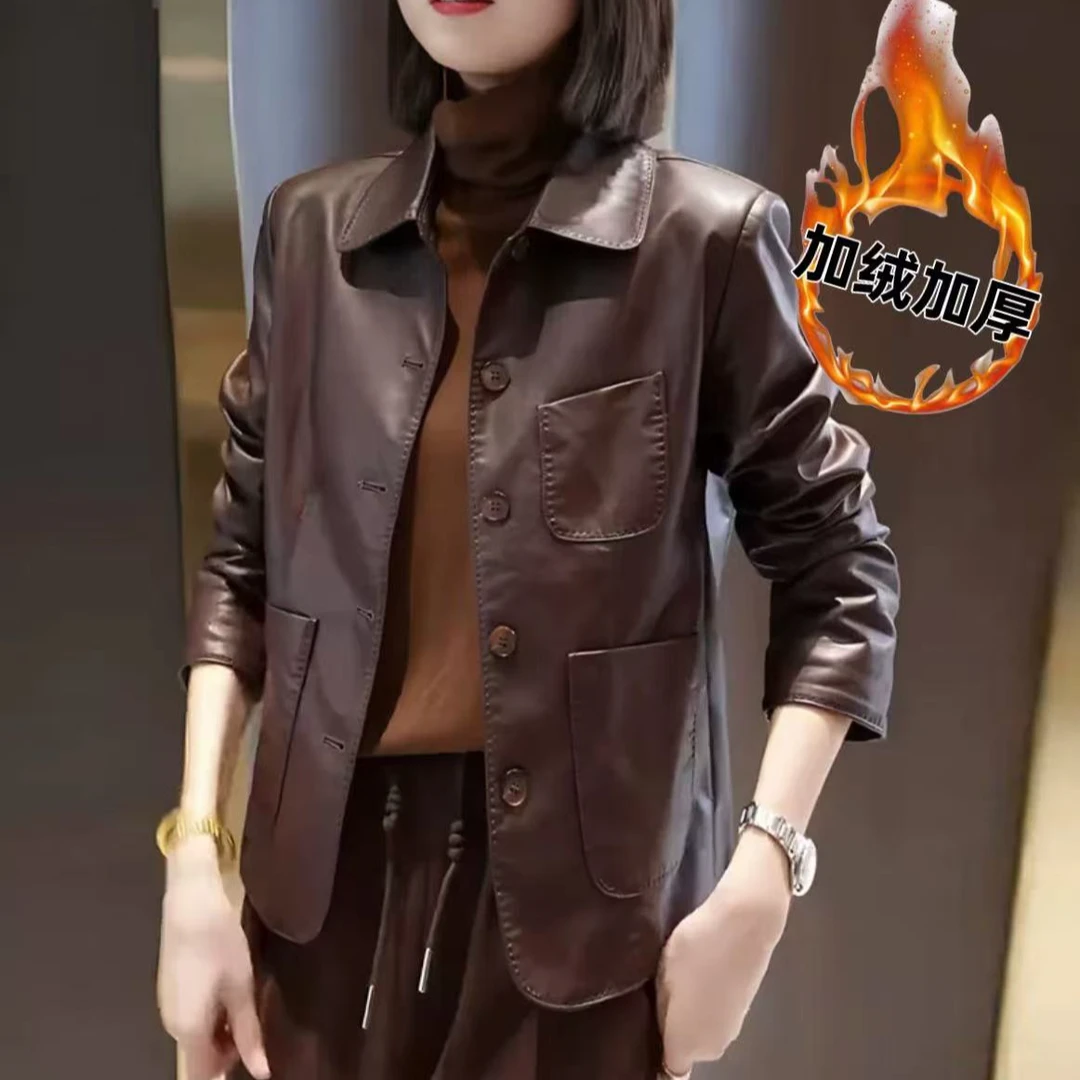 【加绒保暖】海宁正品2025秋冬加绒加厚时尚翻领气质皮衣外套女J88