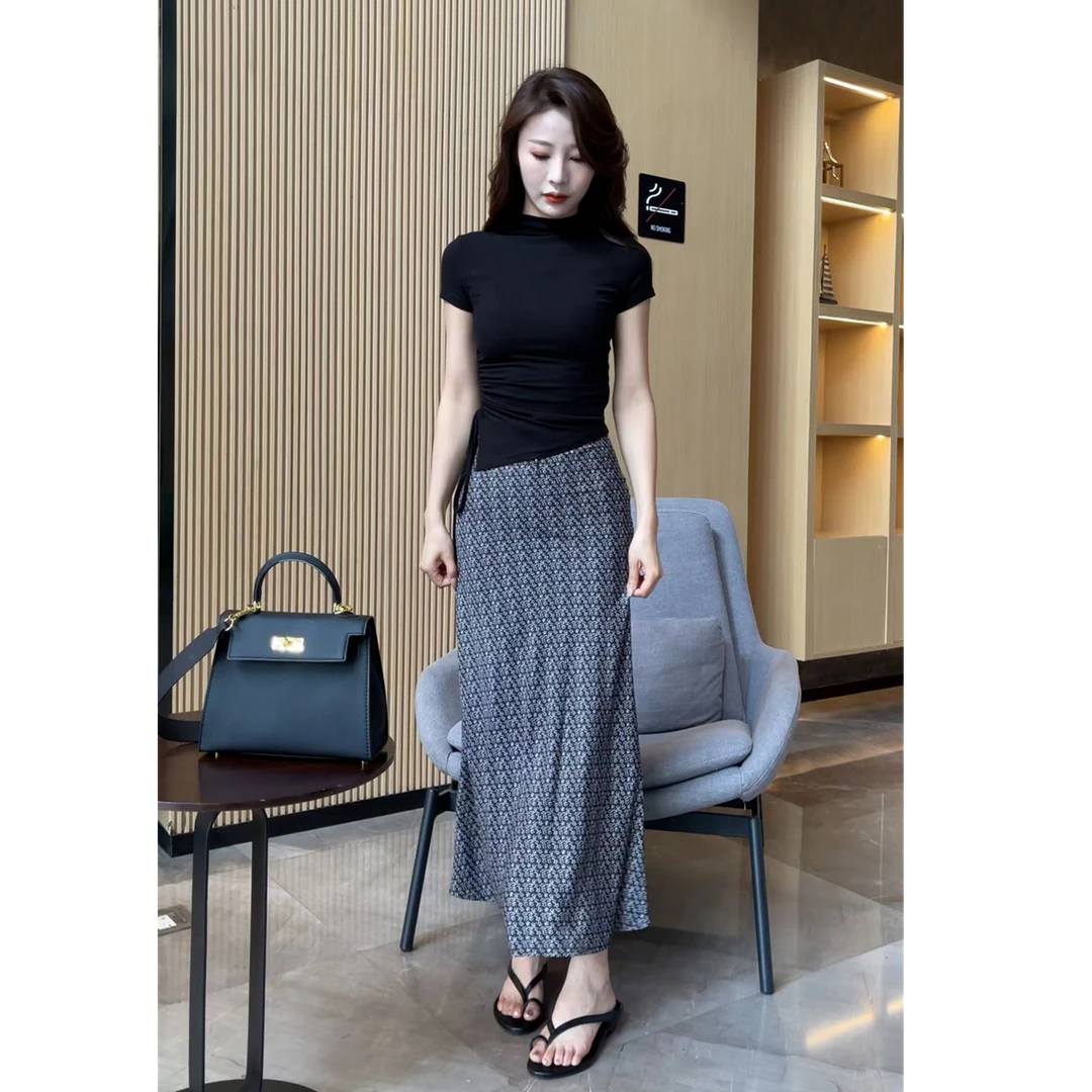 【梦婷家】夏季鱼尾裙垂感高腰显瘦腰裙气质通勤半身裙纹-25682