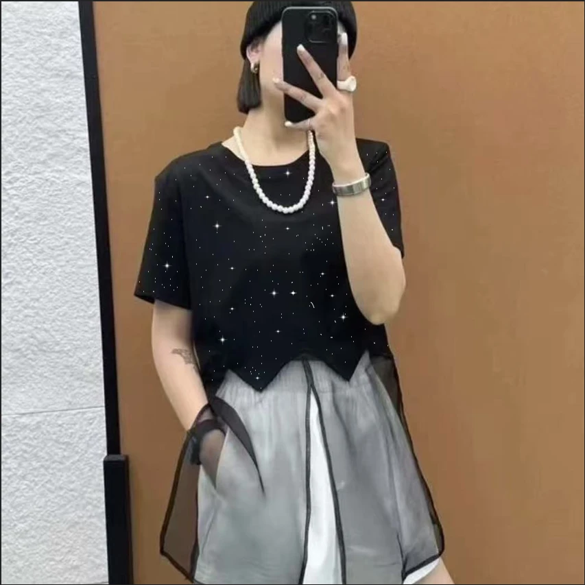夏季新款T恤时尚百搭气质显瘦圆领短袖拼接潮流设计感上衣