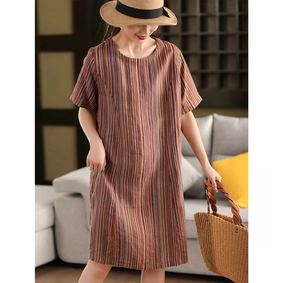 新款色织复古条纹亚麻连衣裙气质圆领短袖文艺套头麻裙宽松夏季