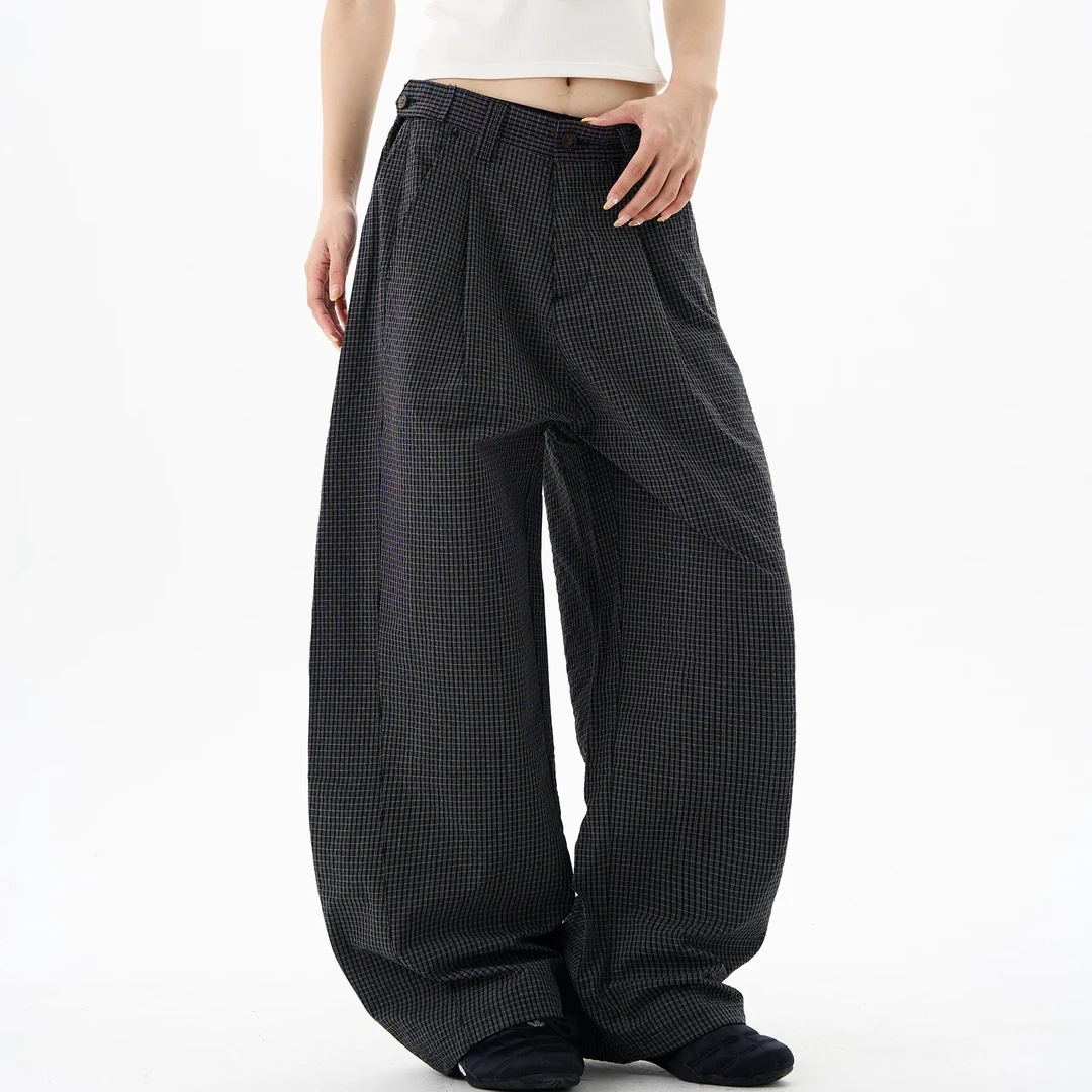 Dong Baowan美式复古打褶格子弯刀休闲裤男女高街cleanfit阔腿裤