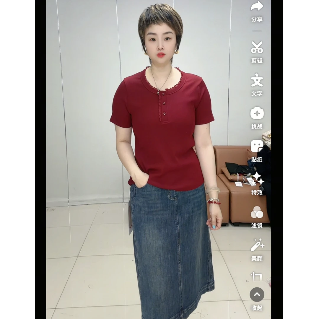 小施家气质百搭拼接蕾丝领纯色显瘦T恤2570