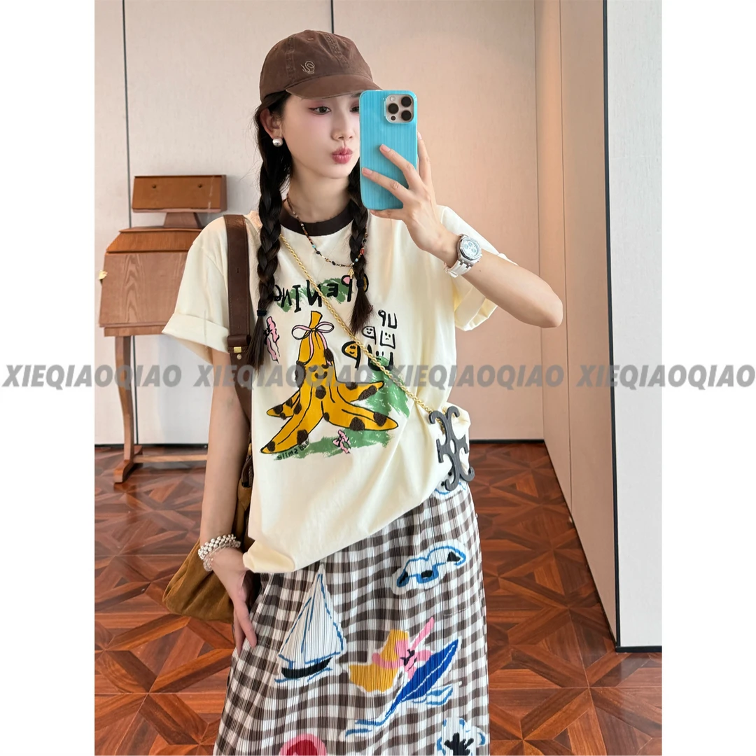 谢荞荞「陶醉香蕉」夏季设计款重工毛巾绣童趣印花撞色百搭T恤上衣
